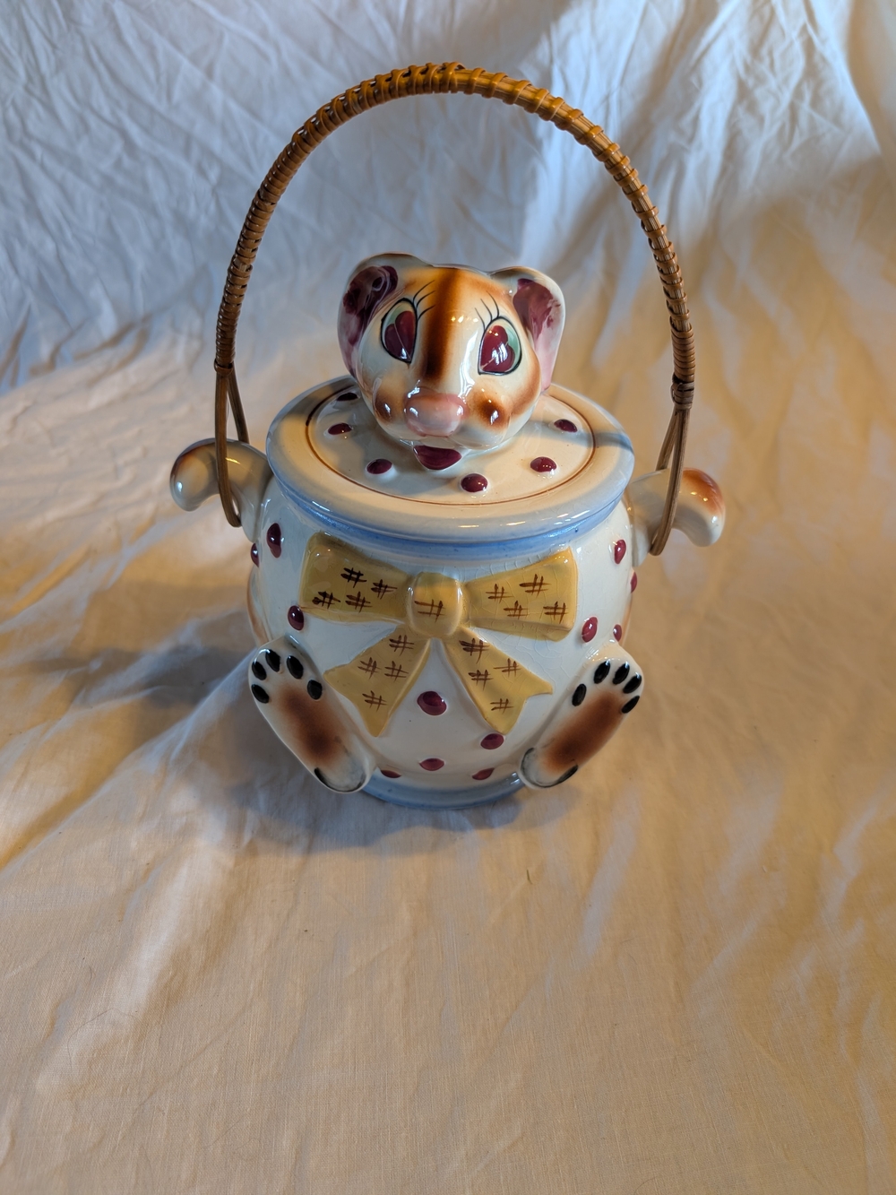 2/60$ Vintage rabbit Cookie Jar with Woven Handle - Cream, Brown, Yellow